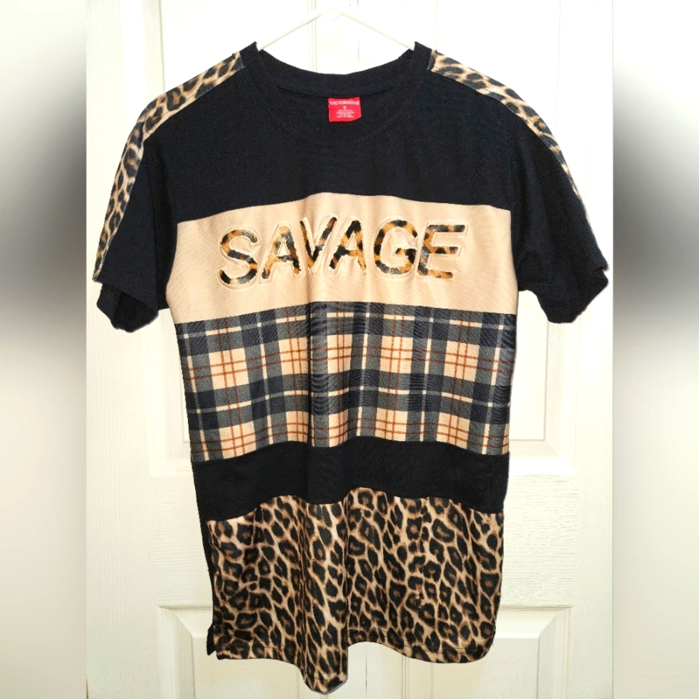 Victorious Savage Leopard Block Men's T-Shirt Size Small Black/Tan.